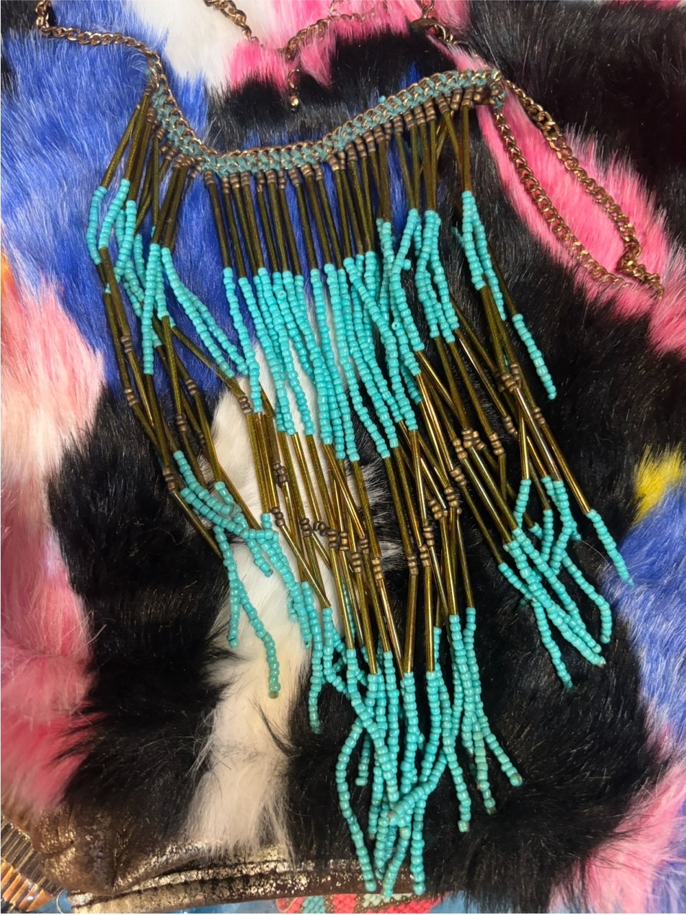 Boho Turquoise Fringe Beaded Statement Necklace - Unbranded